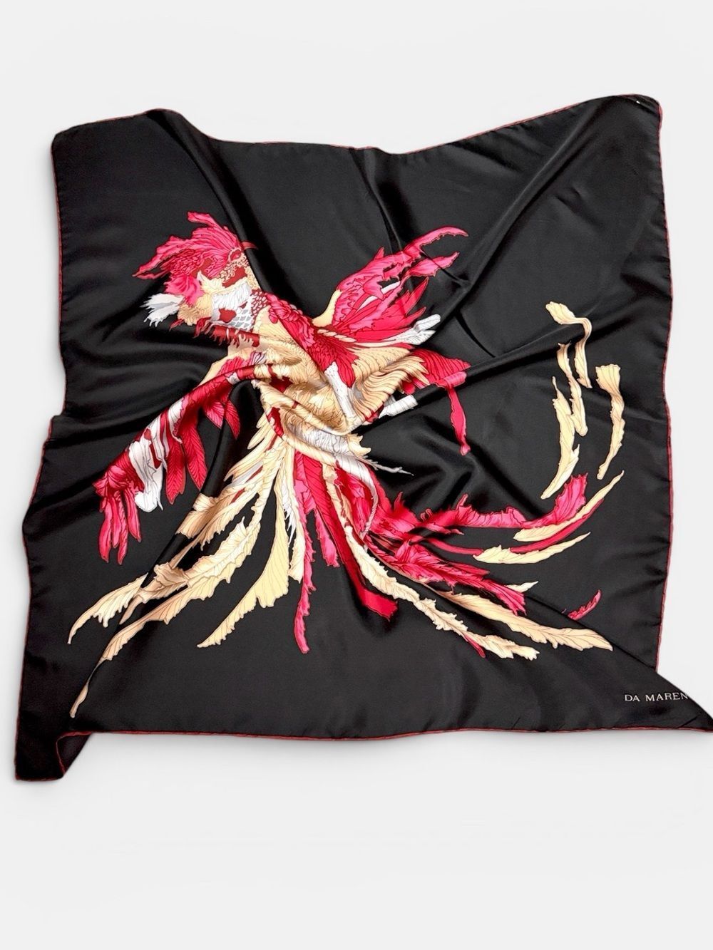 DA MAREN Silk Scarf Phoenix Fantasy Bird Black Pink Fuchsia Beige Hand Rolled - Picture 3 of 9